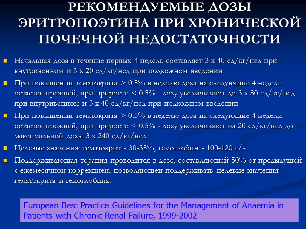 РЕКОМЕНДУЕМЫЕ ДОЗЫ ЭРИТРОПОЭТИНА ПРИ ХРОНИЧЕСКОЙ ПОЧЕЧНОЙ НЕДОСТАТОЧНОСТИ Начальная доза в течение первых 4 недель